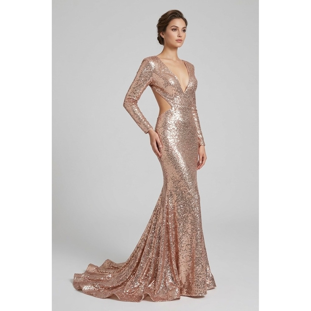 Hebeos Rose Gold Sequin Long Sleeve Mermaid Gown Cutout Maxi Dress Size M NEW